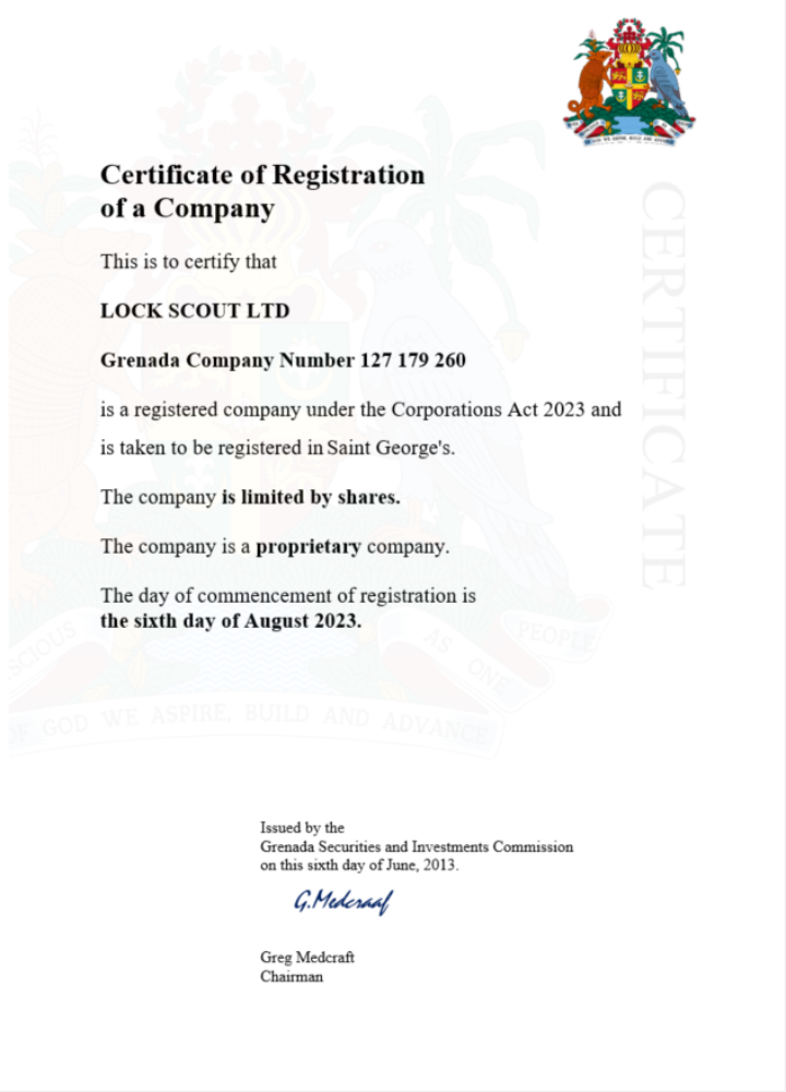 Grenada certificate of registration Word and PDF template